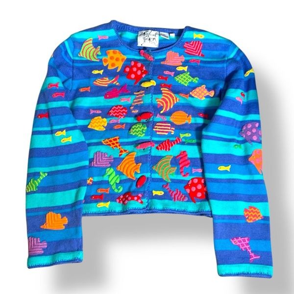 Vintage Michael Simon Fish Cropped Knit Cardigan Striped Nautical Novelty Print