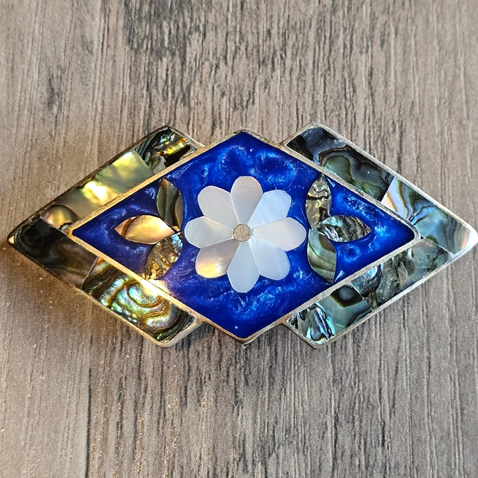 Vintage Alpaca Mexico Abalone & Mother of Pearl Flower Diamond Brooch & Pendant