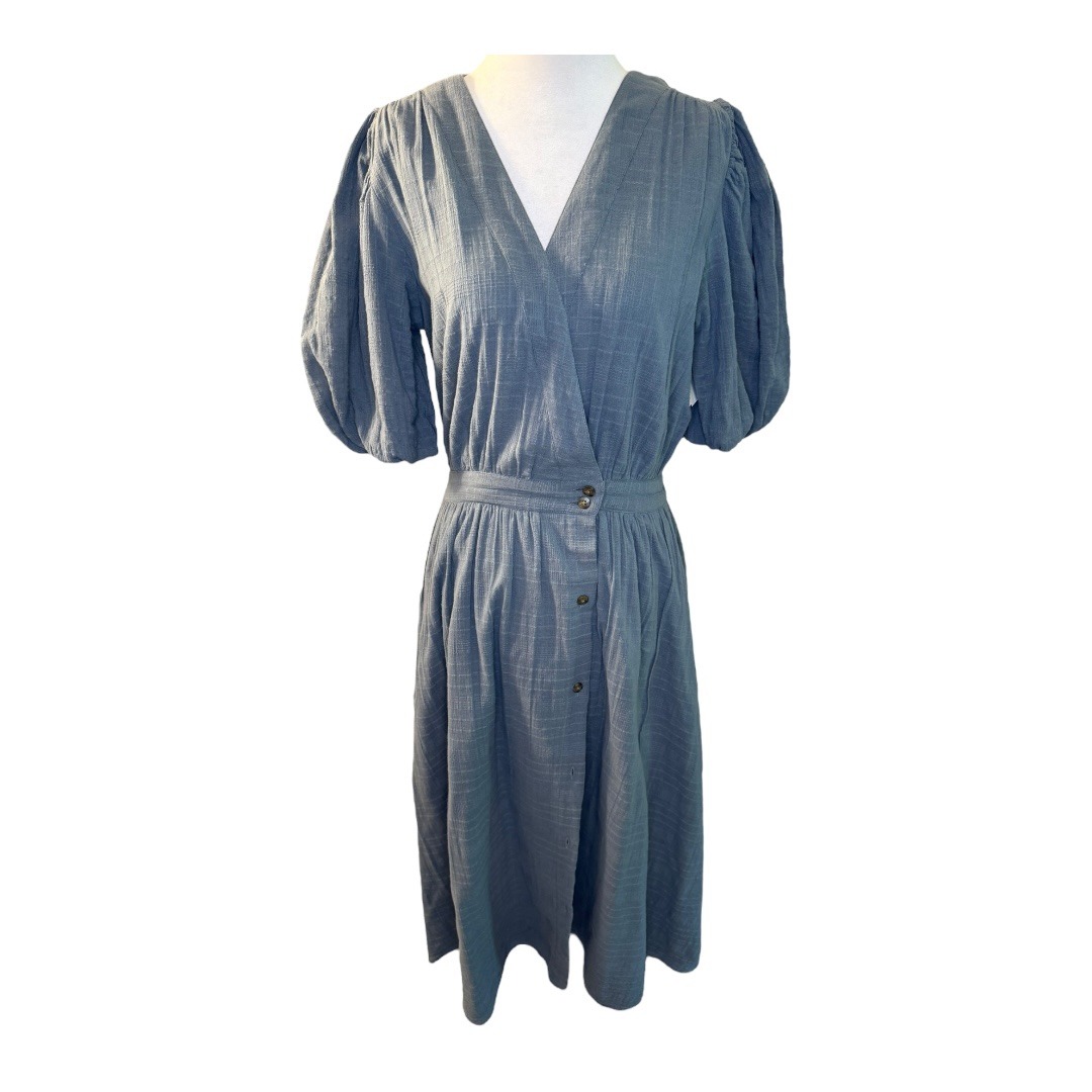 NWOT Treasure Bond Midi Dress Puff Sleeve Button Front Casual Blue Size S