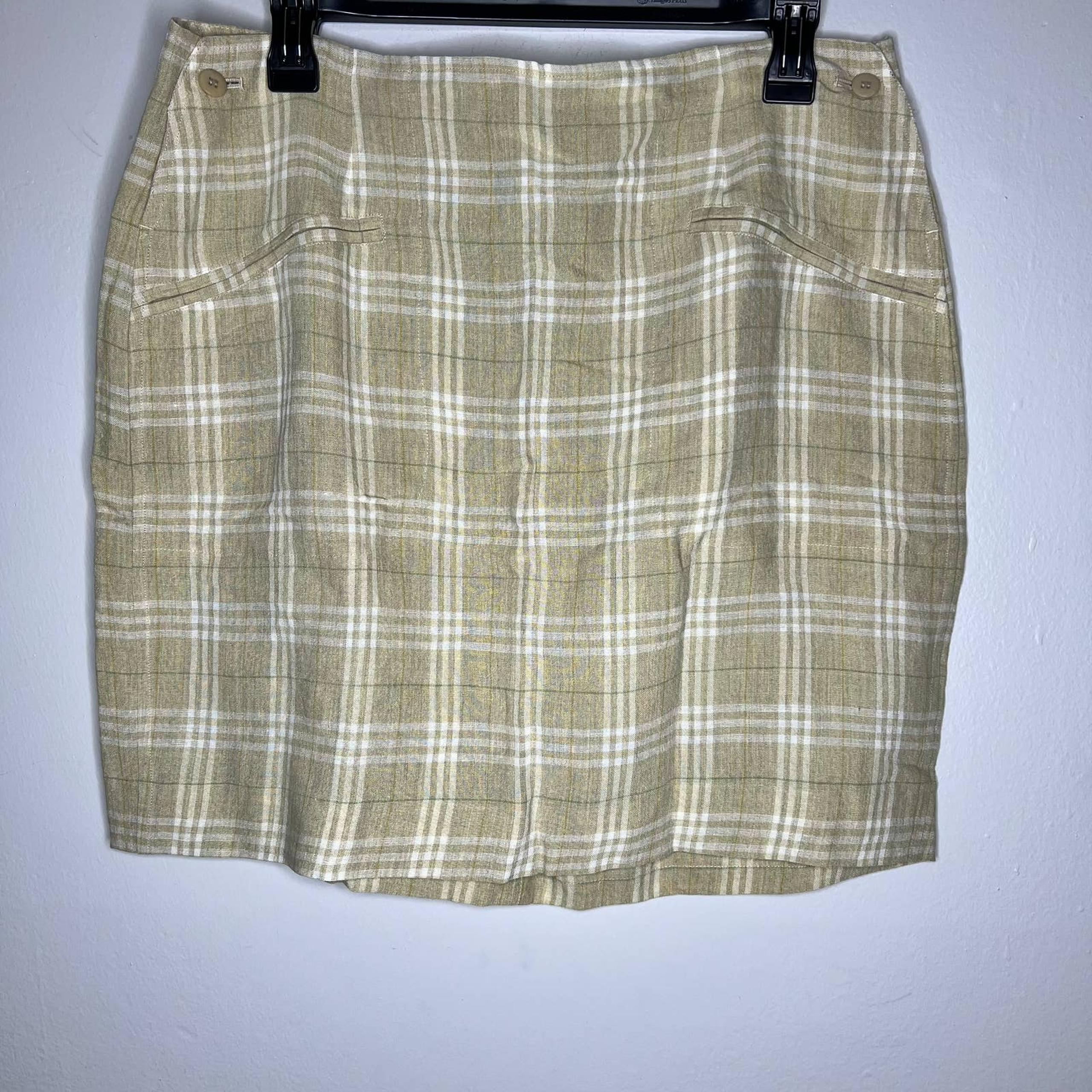 Anne Klein A-Line Skirt 16 Linen Blend Tan & White Plaid Above Knee Mini Womens