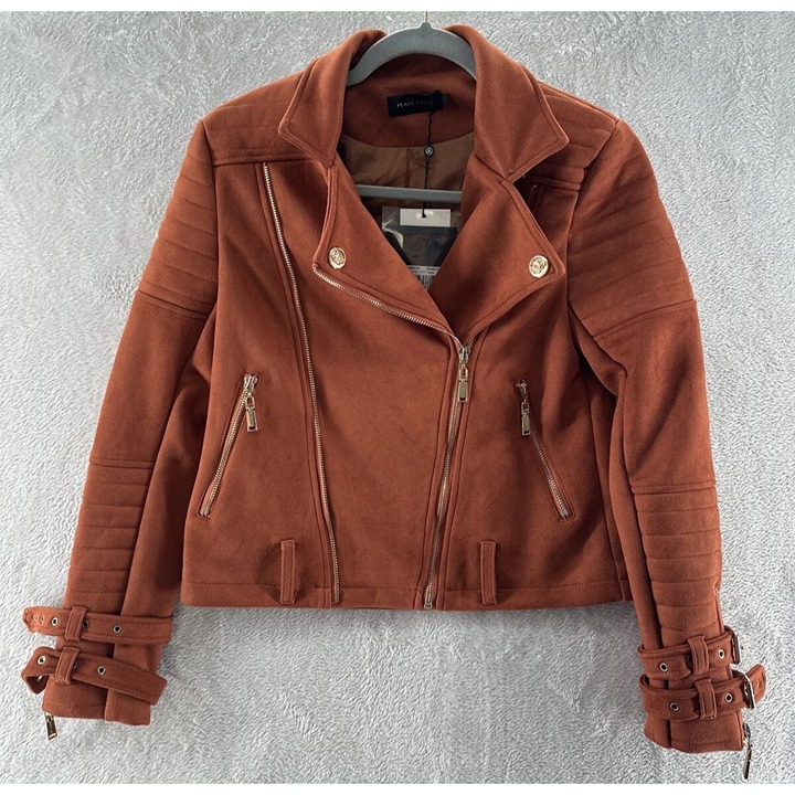 Peace + Love Faux Suede Biker Moto Jacket Tobacco Womens Sz 6