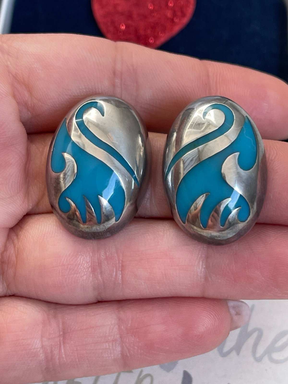 Mexico earrings blue oval, sterlin silver signet Gorgeous