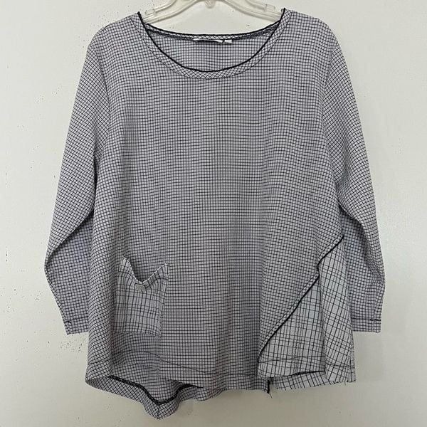 Habitat Lagenlook Asymmetric Blouse Medium White Black Grid Plaid Tunic Pocket