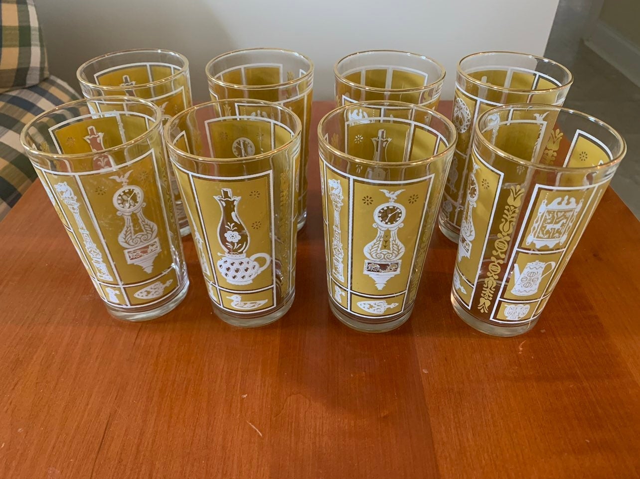 Vintage Libbey Drinking Glasses w/Gold Rims, Mustard/White