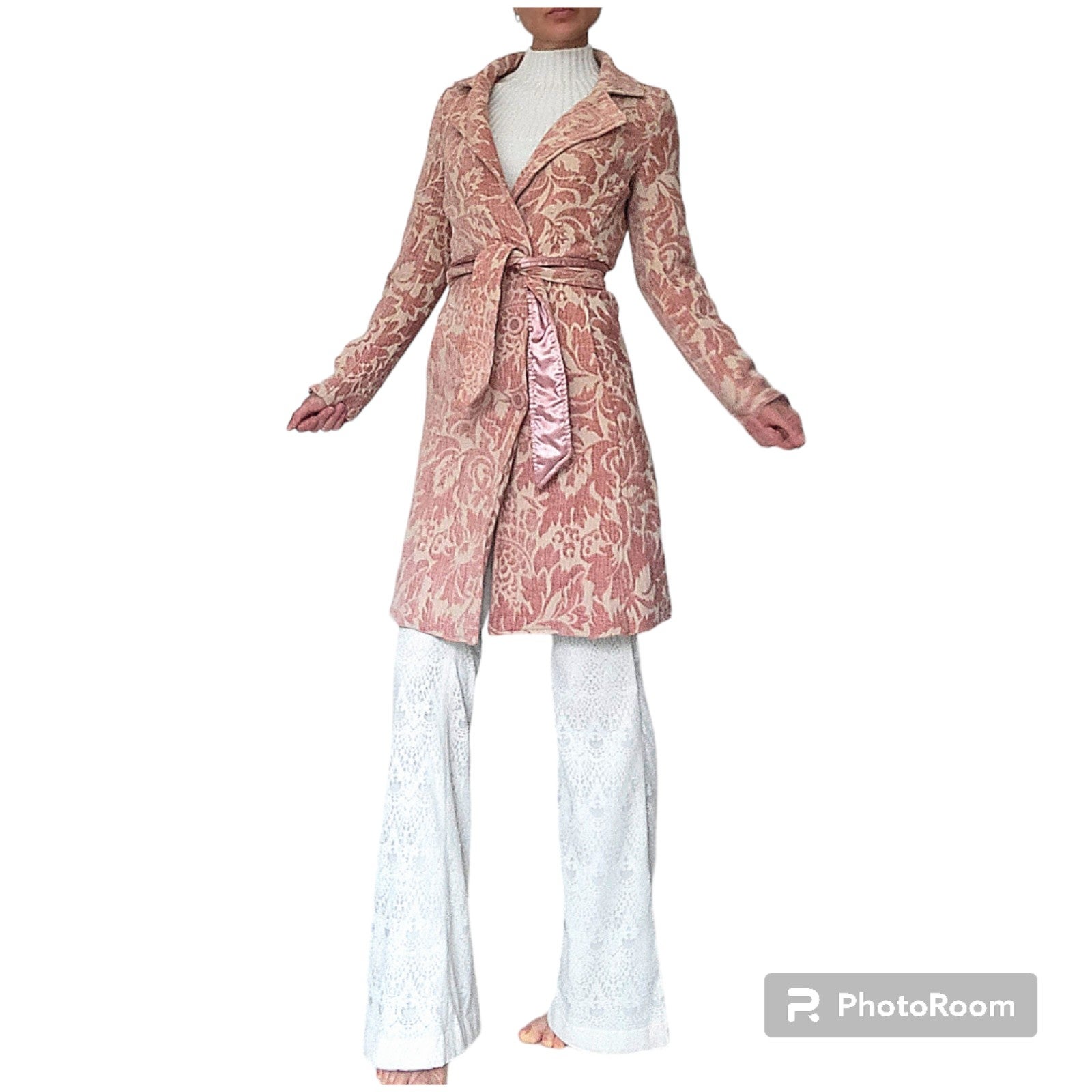 Arden B. Pink Jacquard Belted Straight knee length fully lined coat size XS