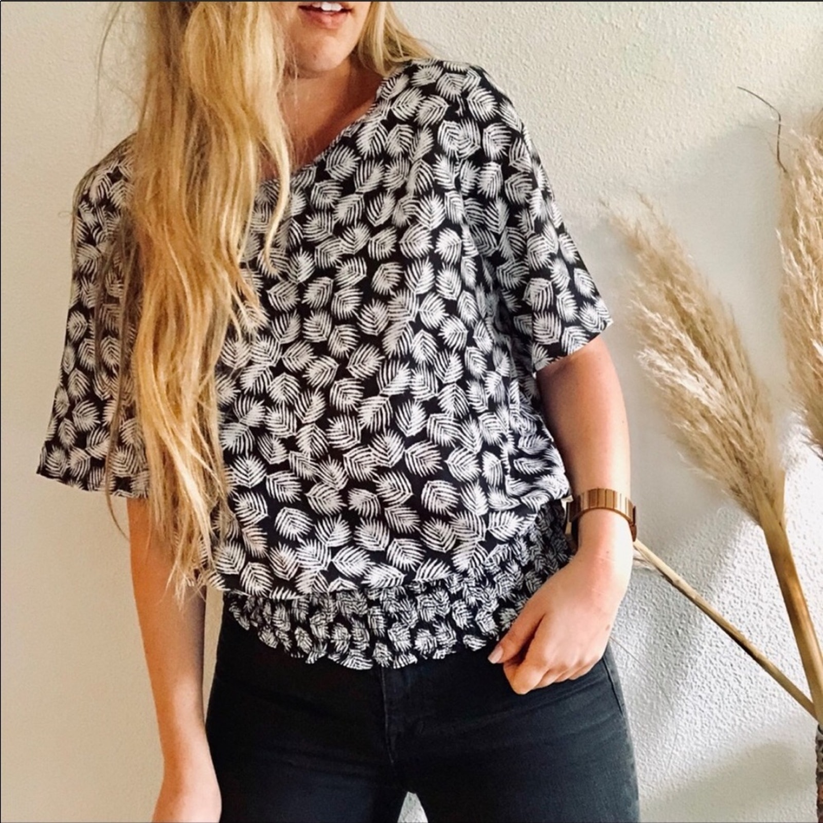 MICHAEL KORS Black White Palm Leaf Tropical Short Sleeve Printed Blouse Shirt L