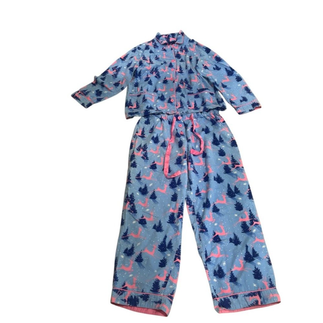 Nick & Nora Holiday Reindeer Christmas Tree Flannel Pajama Set XL Blue