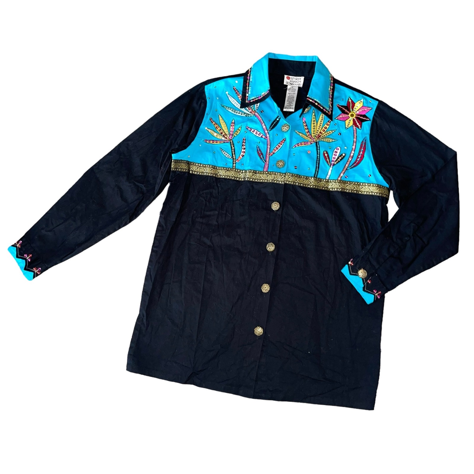 Sandy Starkman Button Up S Rodeo Sequin Shirt Black Western Gold NWT Cowgirl