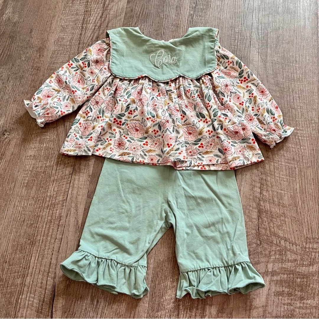 Mint Green Cora Floral Ruffle Hem Bottoms & Top Set saving grace smocks