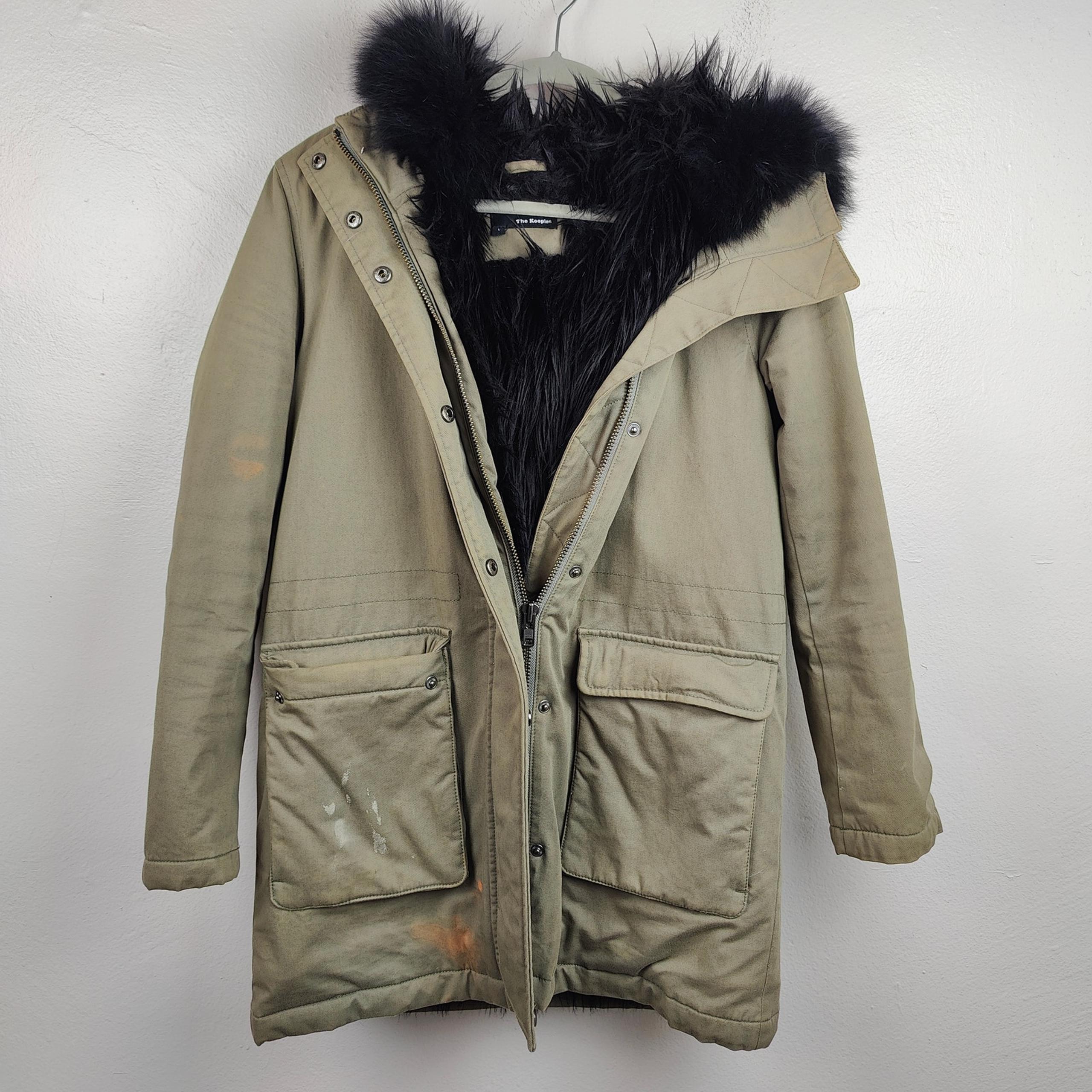 The Kooples Faux Fur Parka Coat Womens 1 Small Army Green Hooded Utility Jacket