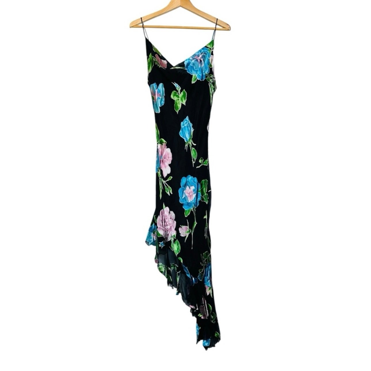 Issue NY 100% Silk Black Tropical Floral Asymmetrical Slip Dress