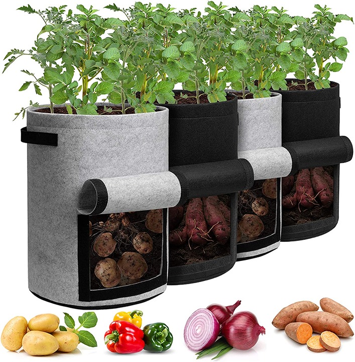 Potato Grow Bags with Flap 10 Gallon, 4 Pack Planter Pot with Handles an