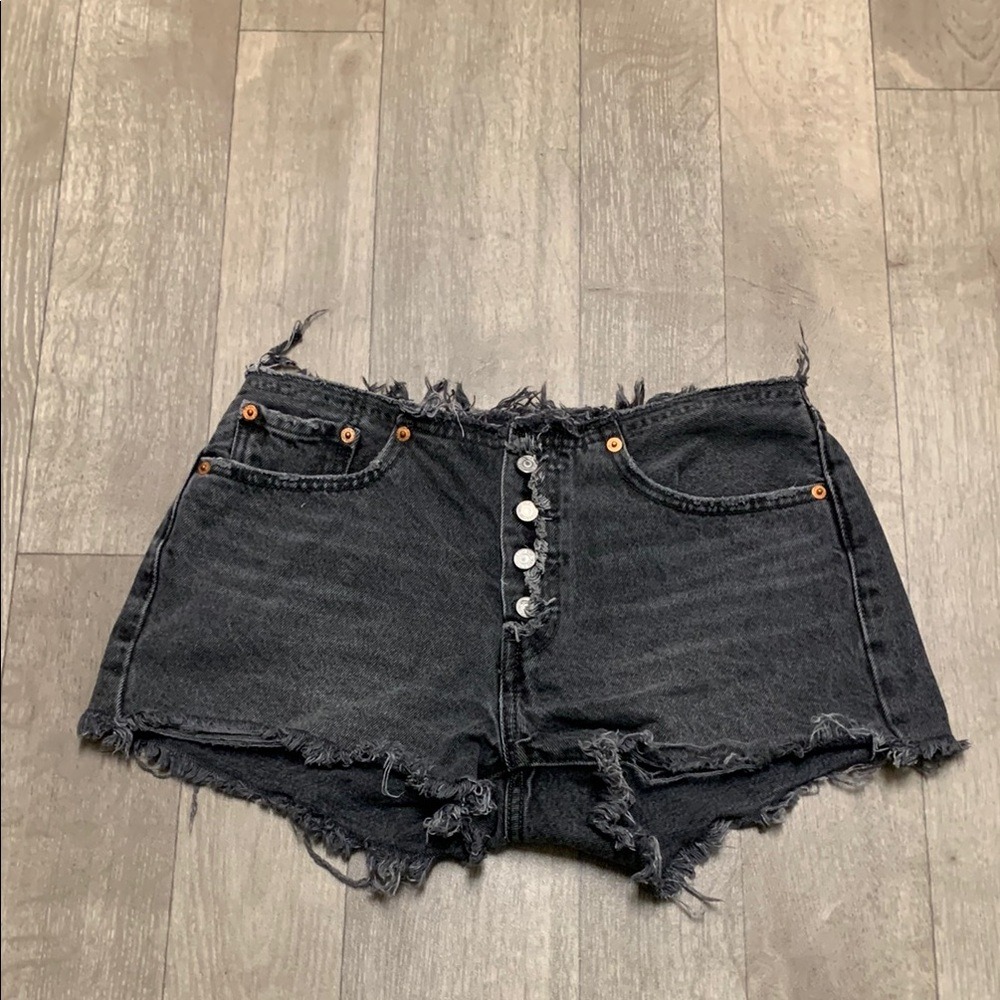Womens Levi's 501 Raw Hem Button Fly Black Wash Short Jean Shorts