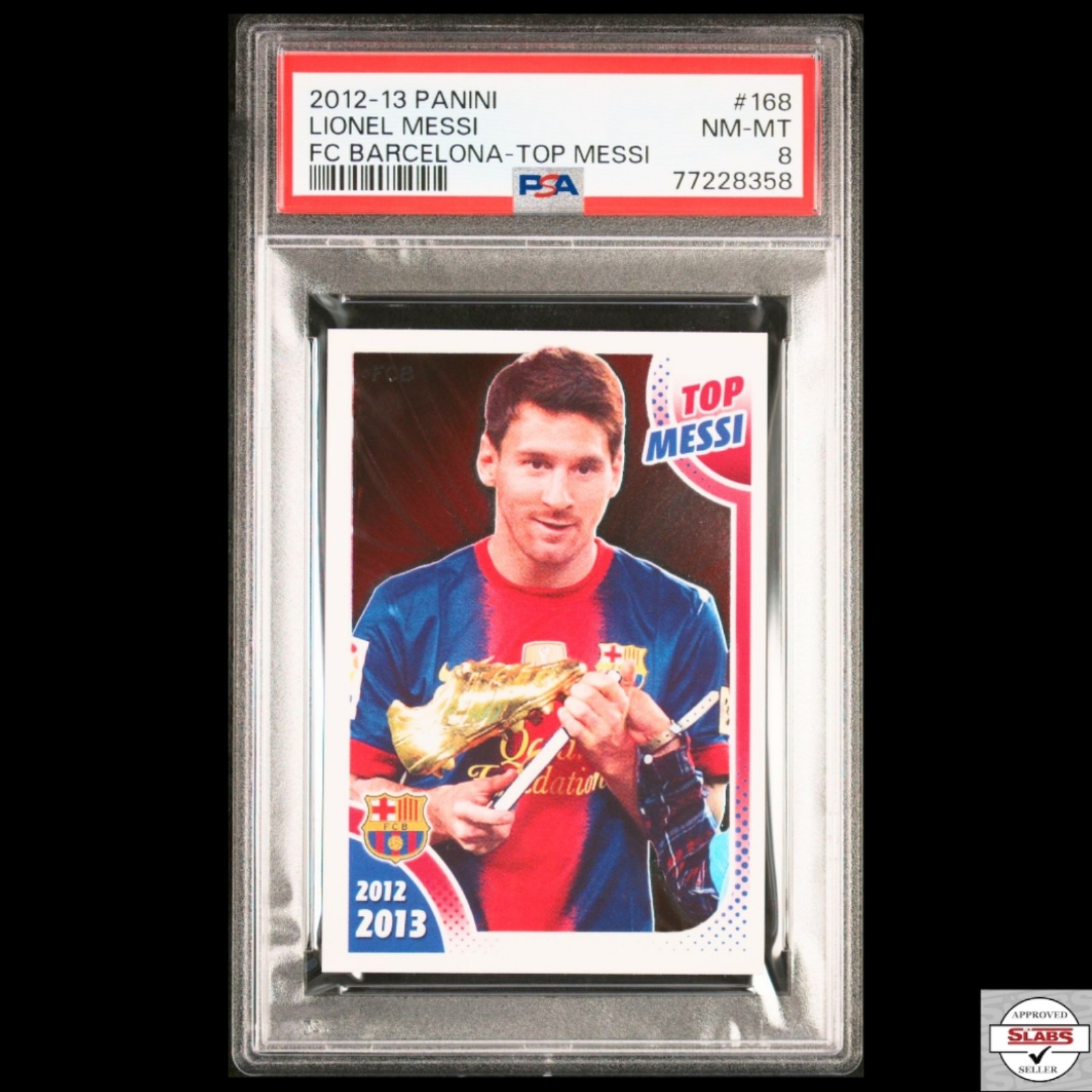 PSA 8 2012-13 Lionel Messi Panini #168 Barcelona Top Messi Golden Boot Sticker
