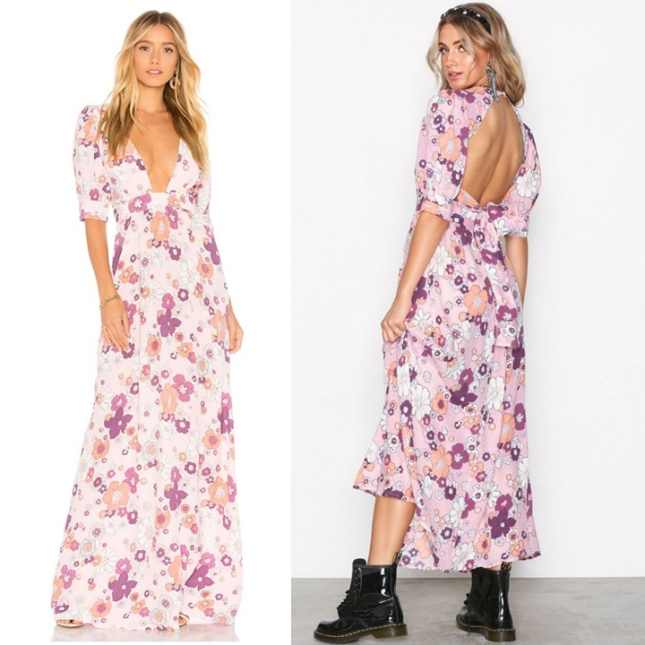 For Love & Lemons Magnolia Maxi Dress Pink Purple 70s Floral Open Back Deep V