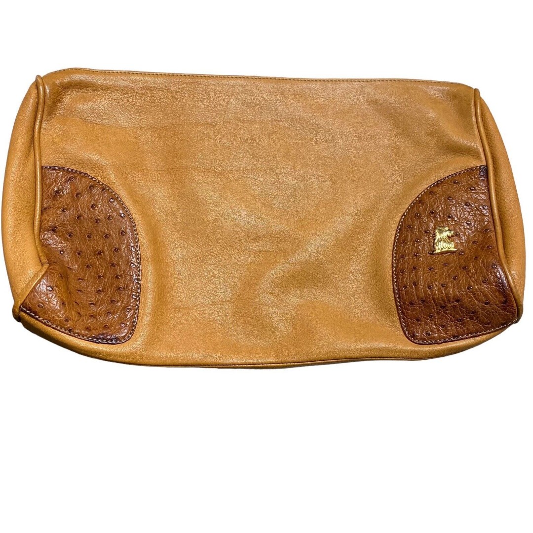 Mark Cross Vintage Clutch Bag Purse Beige Leather Ostrich Trim Dust Bag