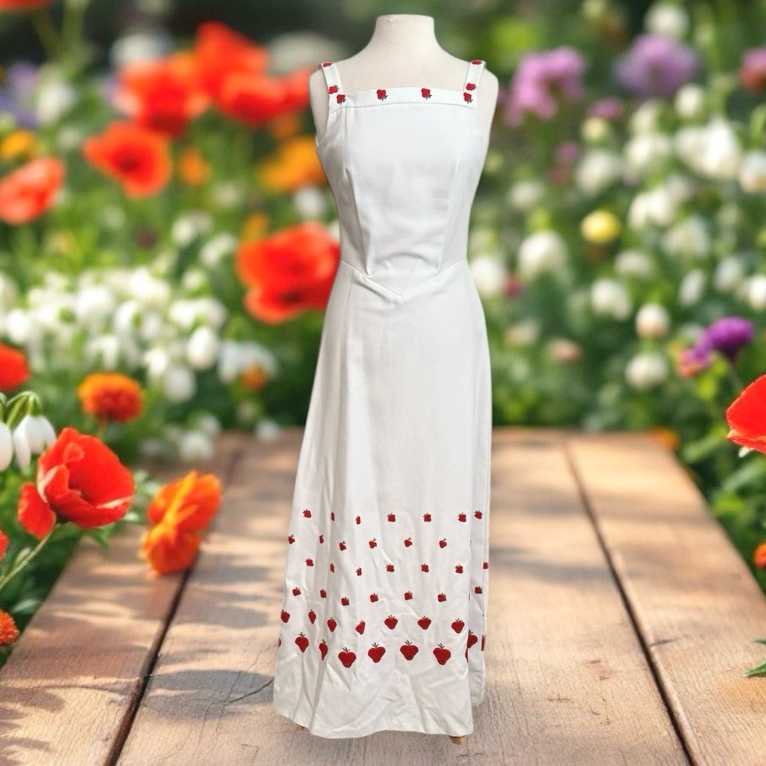 Vintage Dress Sleeveless Embroidered Strawberries Cottagecore 12 2 4 6 S Small