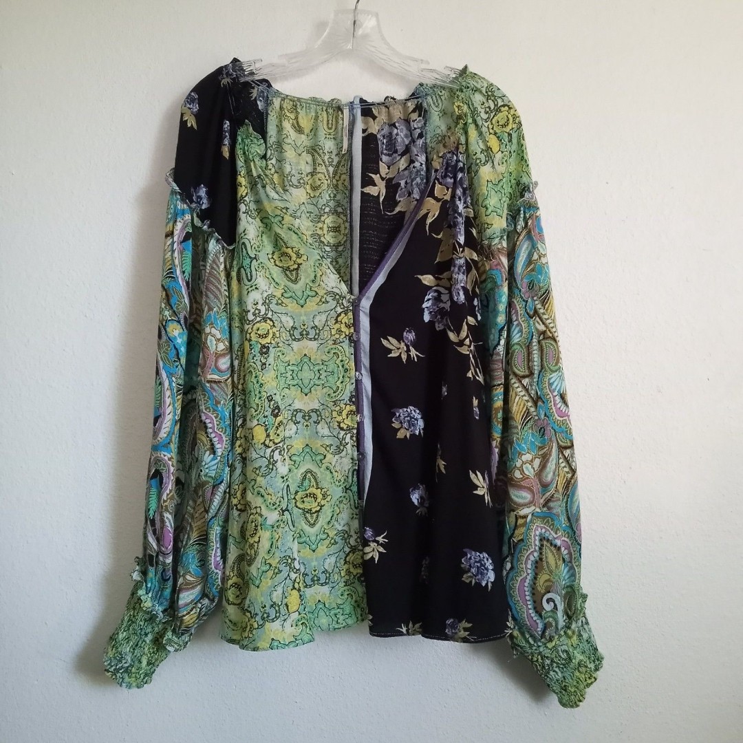 FREE PEOPLE Peasant Tunic Top Paisley Floral Buttons Bishop Sleeves Colorful XL