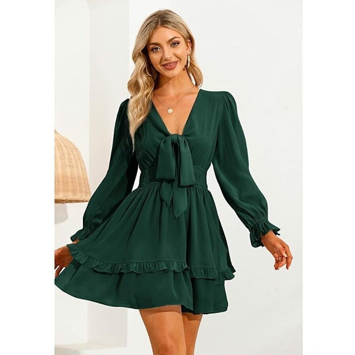 Women Tie Front Elastic Waist Tiered Ruffle Layer Floral Balloon Long Sleeve