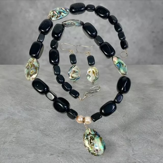 Handcrafted Chunky Abalone Beads & Black Onyx Beads Necklace 24 & Earrings