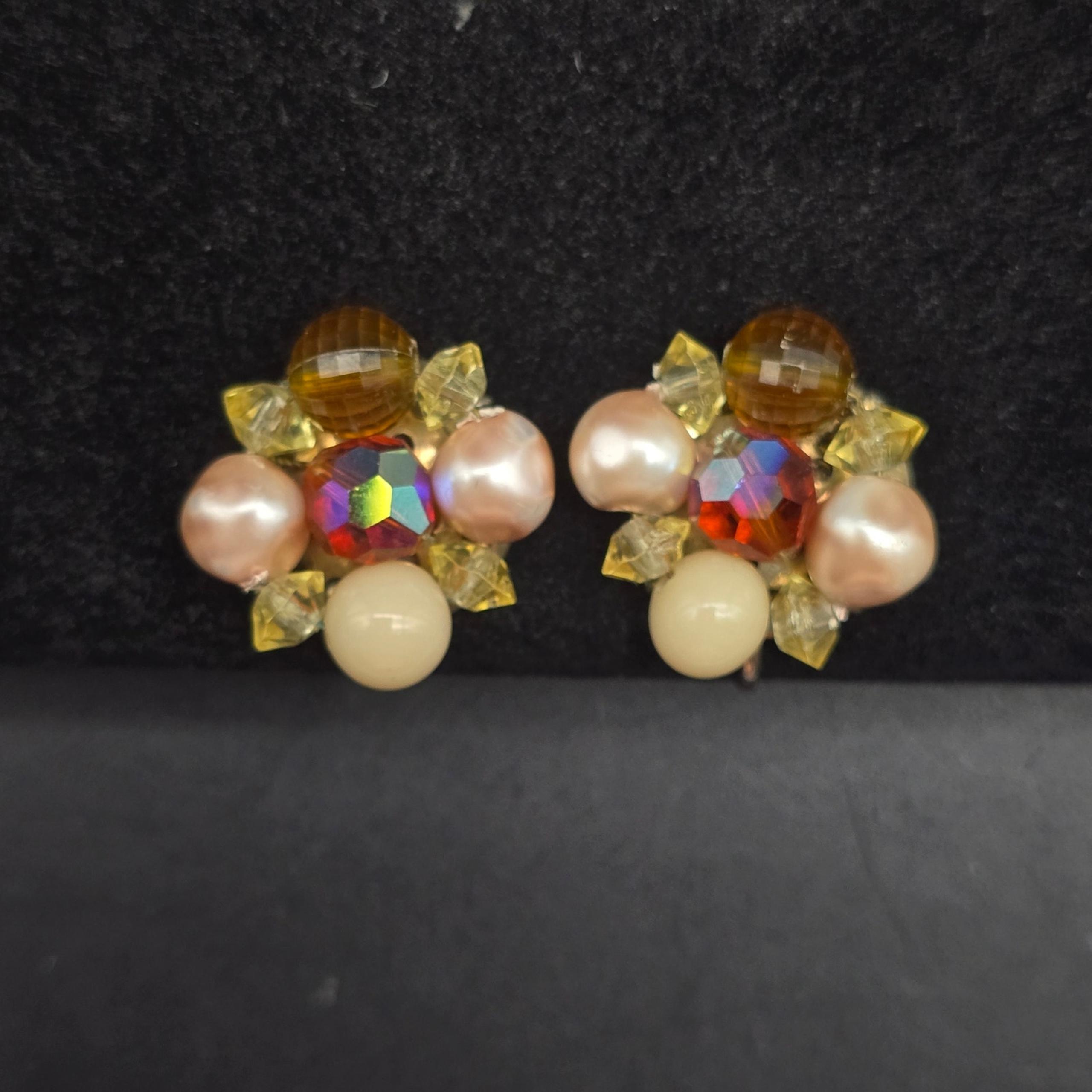 Laguna Pink Faux Pearl Clip On Earrings Cluster Beaded Vintage Costume Jewelry