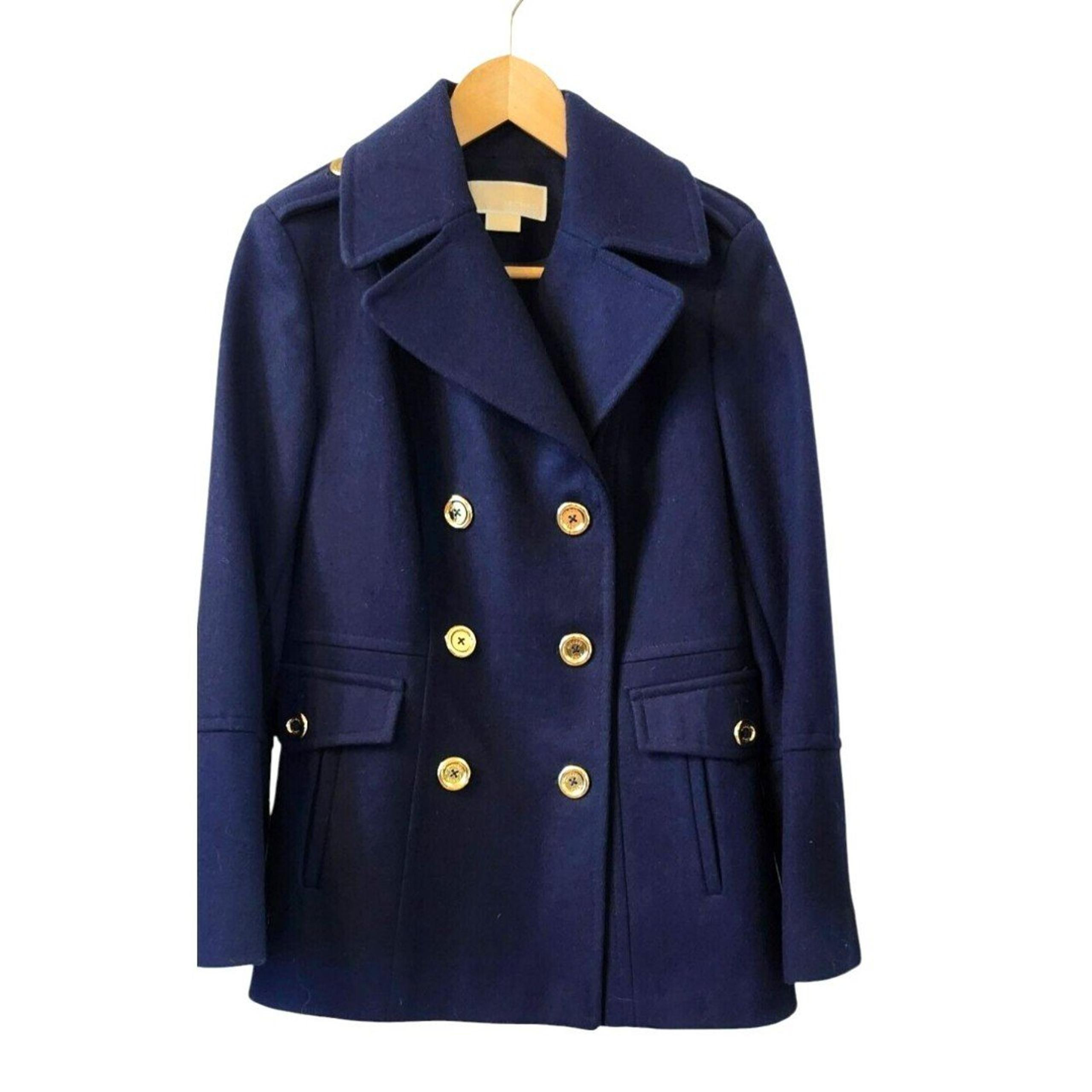 Michael Kors Women's Pea Coat Wool Blend Navy Blue Gold Tone Buttons Size M