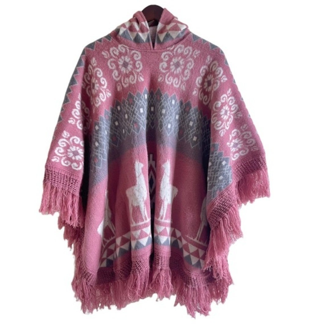 Wool Poncho Alpaca with Hood Women’s Boho Fringe Fall Winter Cozy Bonfire