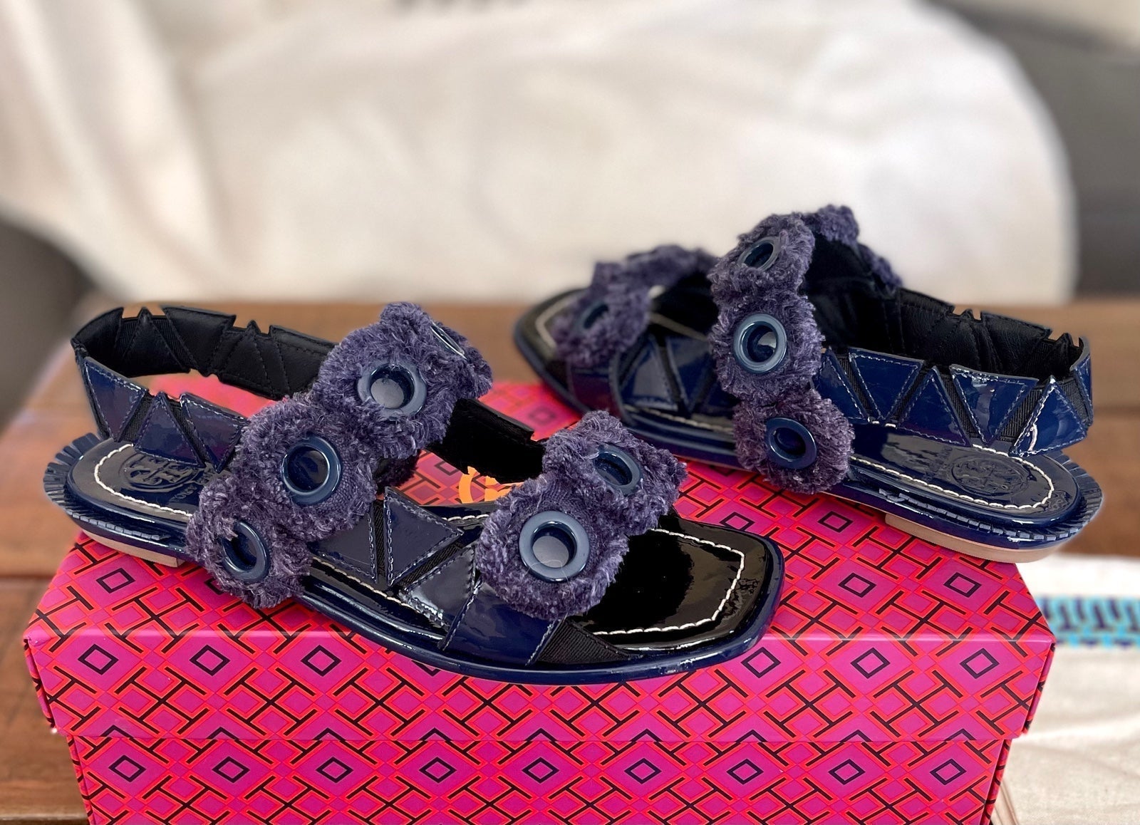 Tory Burch Freya Slingback Sandals Eyelet Fringe Navy Blue Patent Leather 5.5
