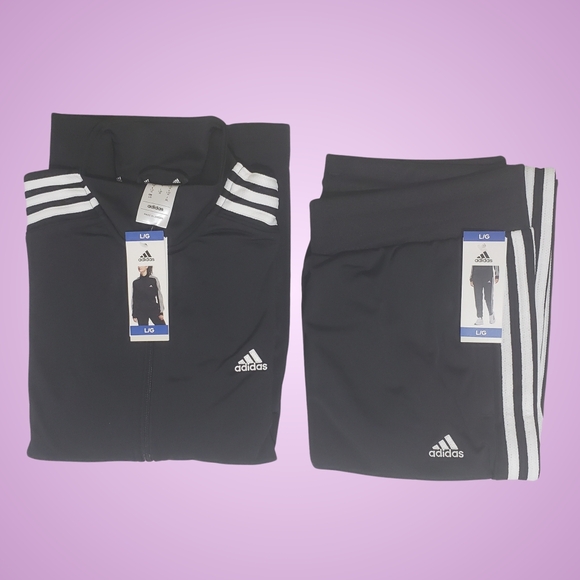 Adidas Track Jacket 3-Stripe & Tricot Joggers Women Large Black/White NWT