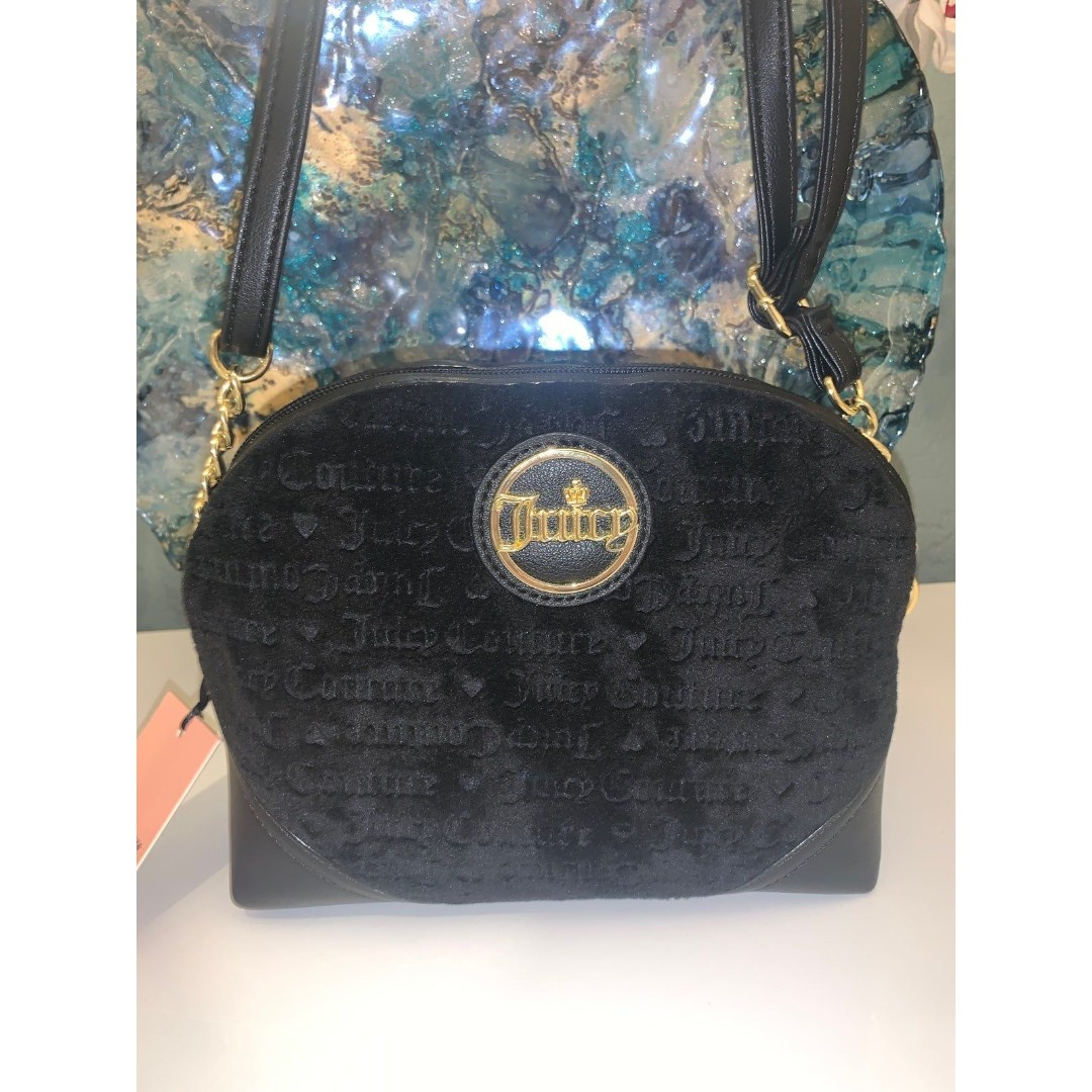 Juicy Couture If the Crown Fits Black Velour Embossed Rare Purse Crossbody Bag