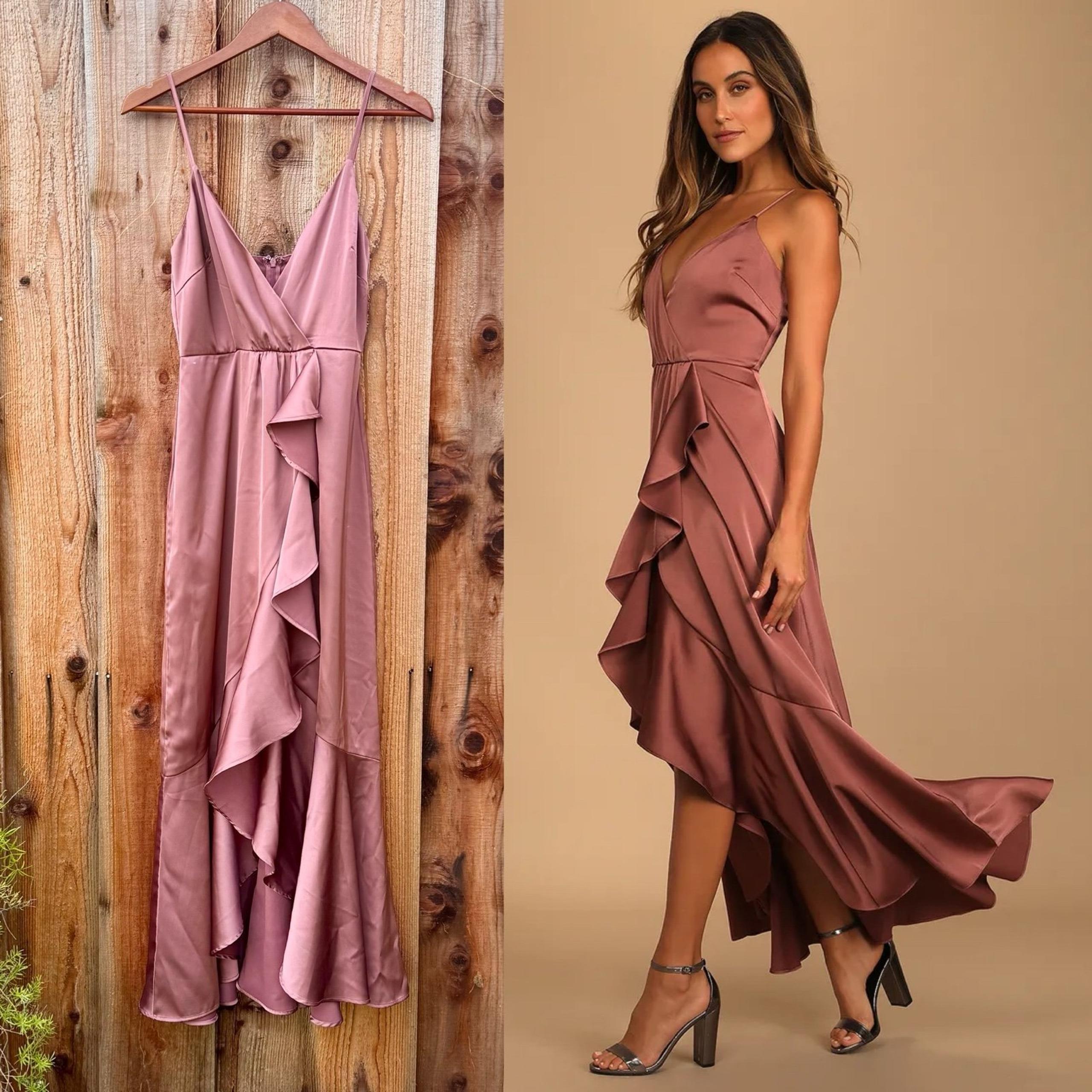 Mauve Dusty Pink Satin Ruffled High-Low Dress