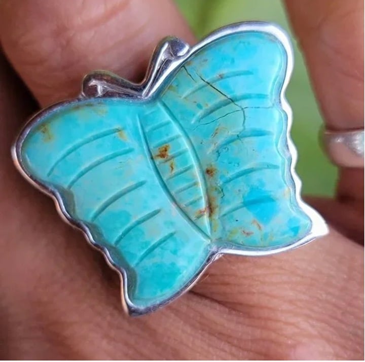 Unique Carved Turquoise Butterfly Sterling Silver Ring