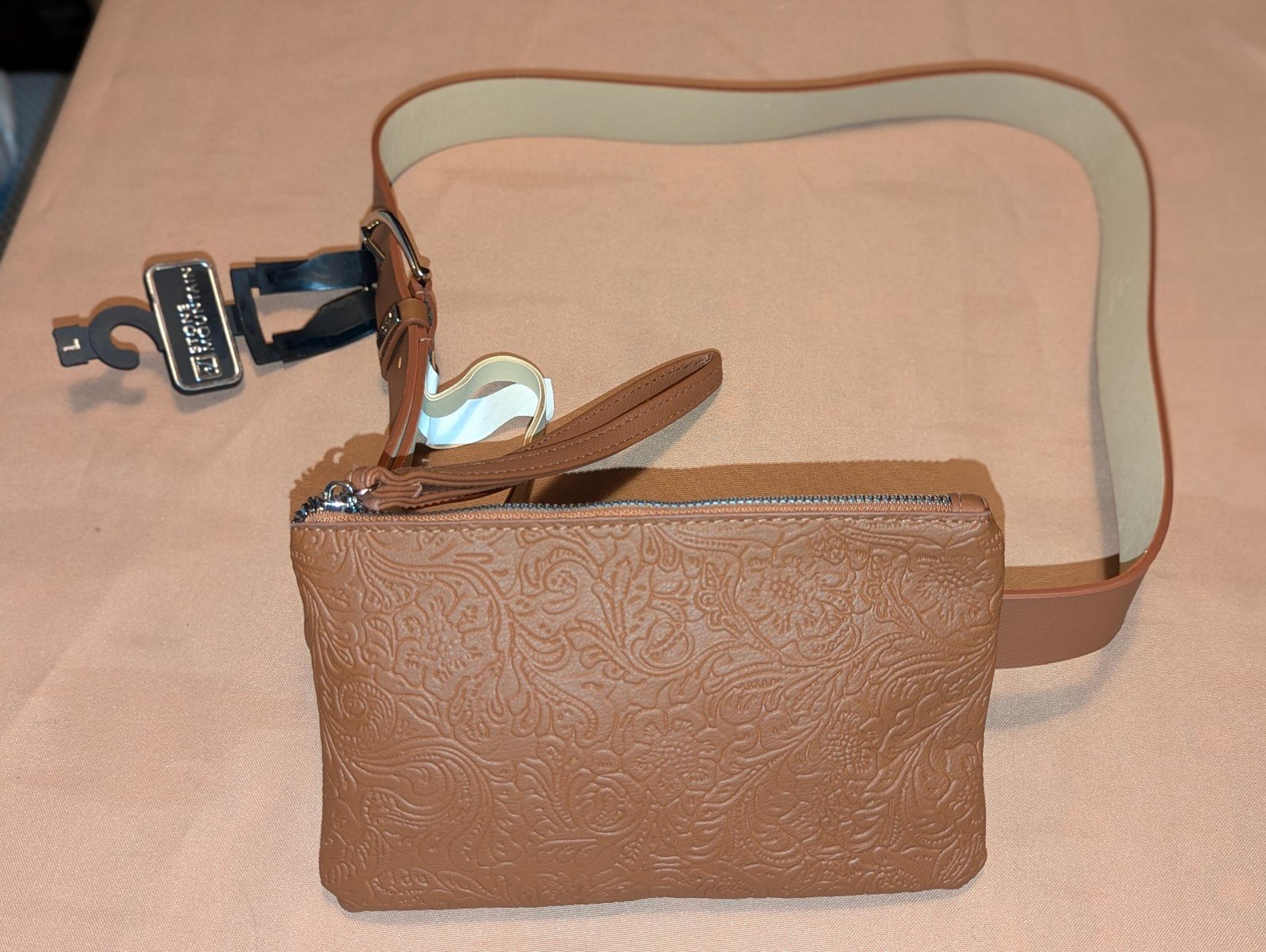 NWT Stone Mountain Cognac Floral Tooled Leather Belt Bag Large