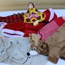 7 LOT DOG CLOTHING COSTUMES SIZE LARGE CHRISTMAS HALLOWEEN MONKEY REINDEER DRESS