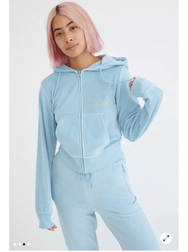 NEW Hello Kitty UO NGO • 2pc L/XL Rhinestone Bling Velour Tracksuit Blue Y2k