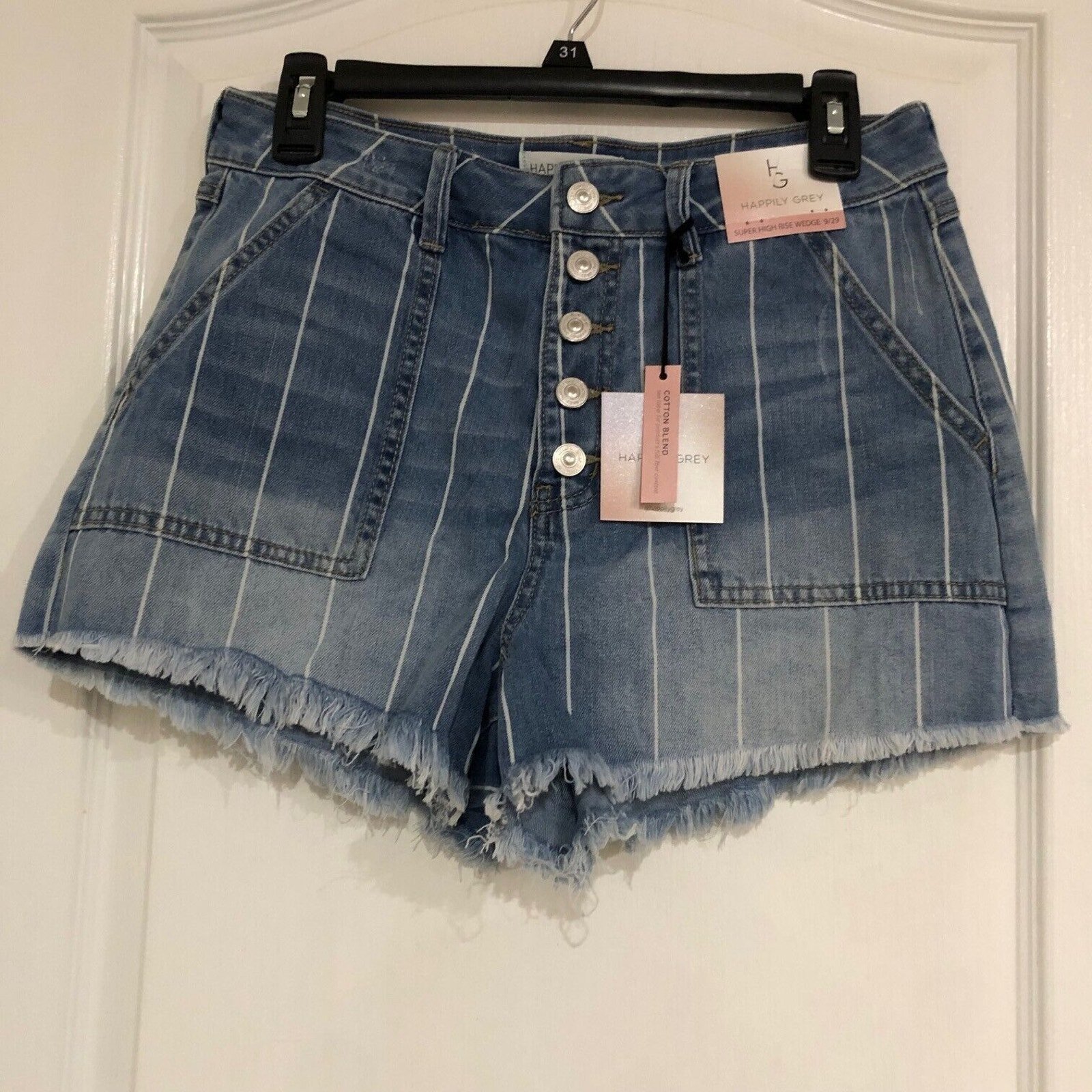 Happily Grey Women's Denim Shorts Super High Rise Wedge Striped Blue Size 9/29