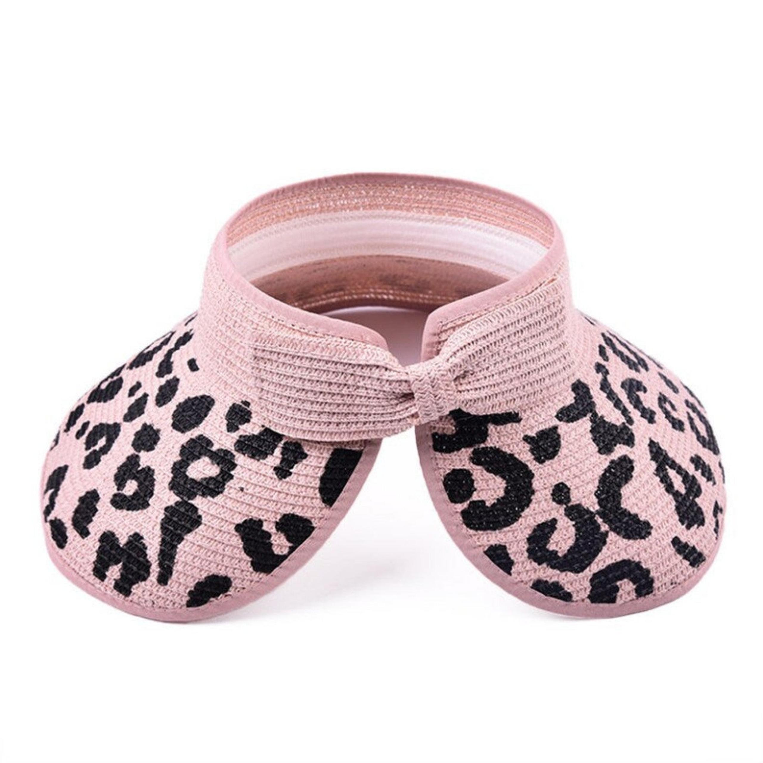 Leopard bow sun visor wide brim foldable packable ponytail beach hat straw