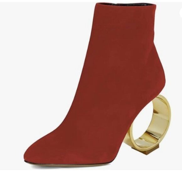 XYD Women Circle Metal High Heel Ankle Boots Side Zipper Closed Pointed Toe Red