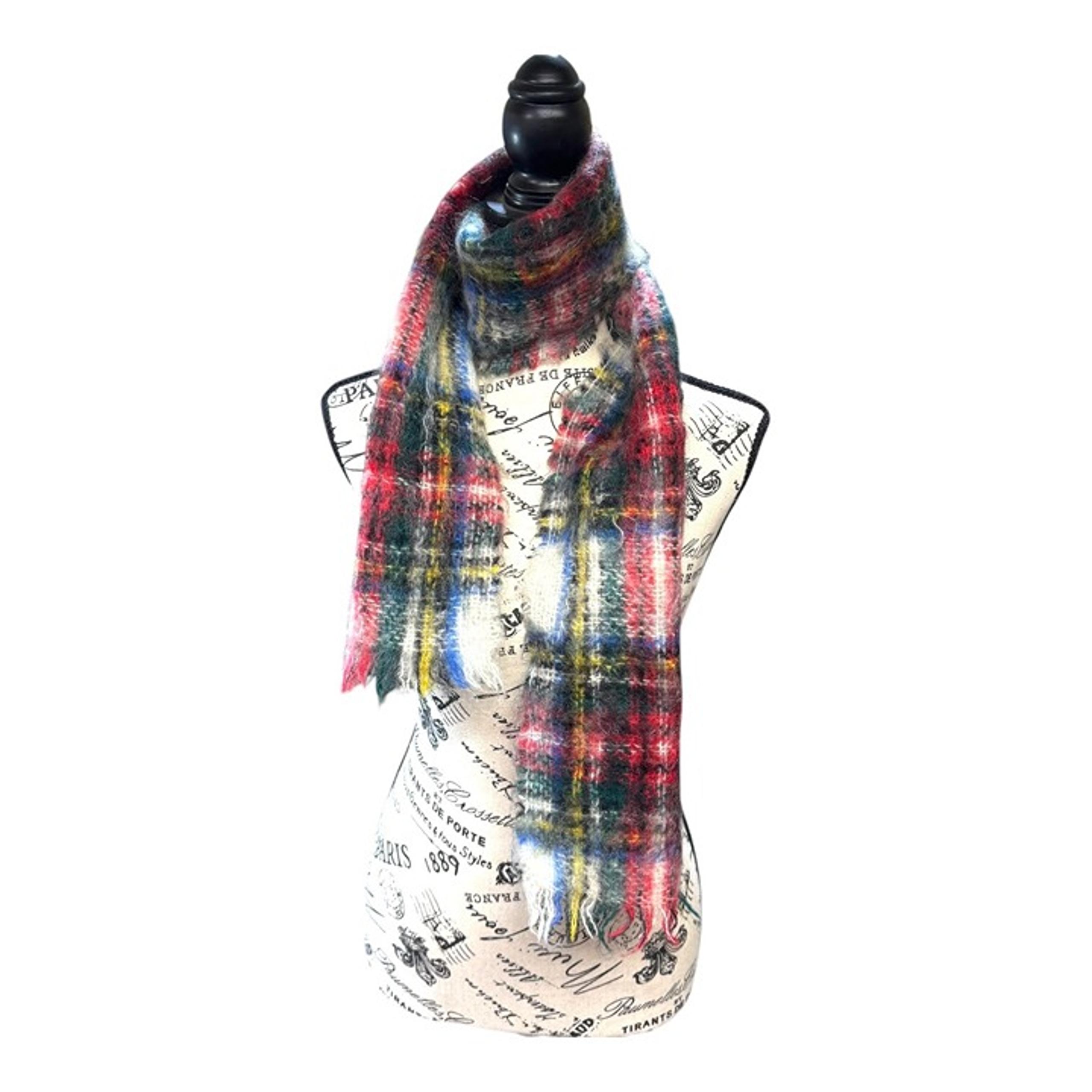 Vintage Scottish Creagaran mohair Wool scarf Red Green Fringed Made in Scotland
