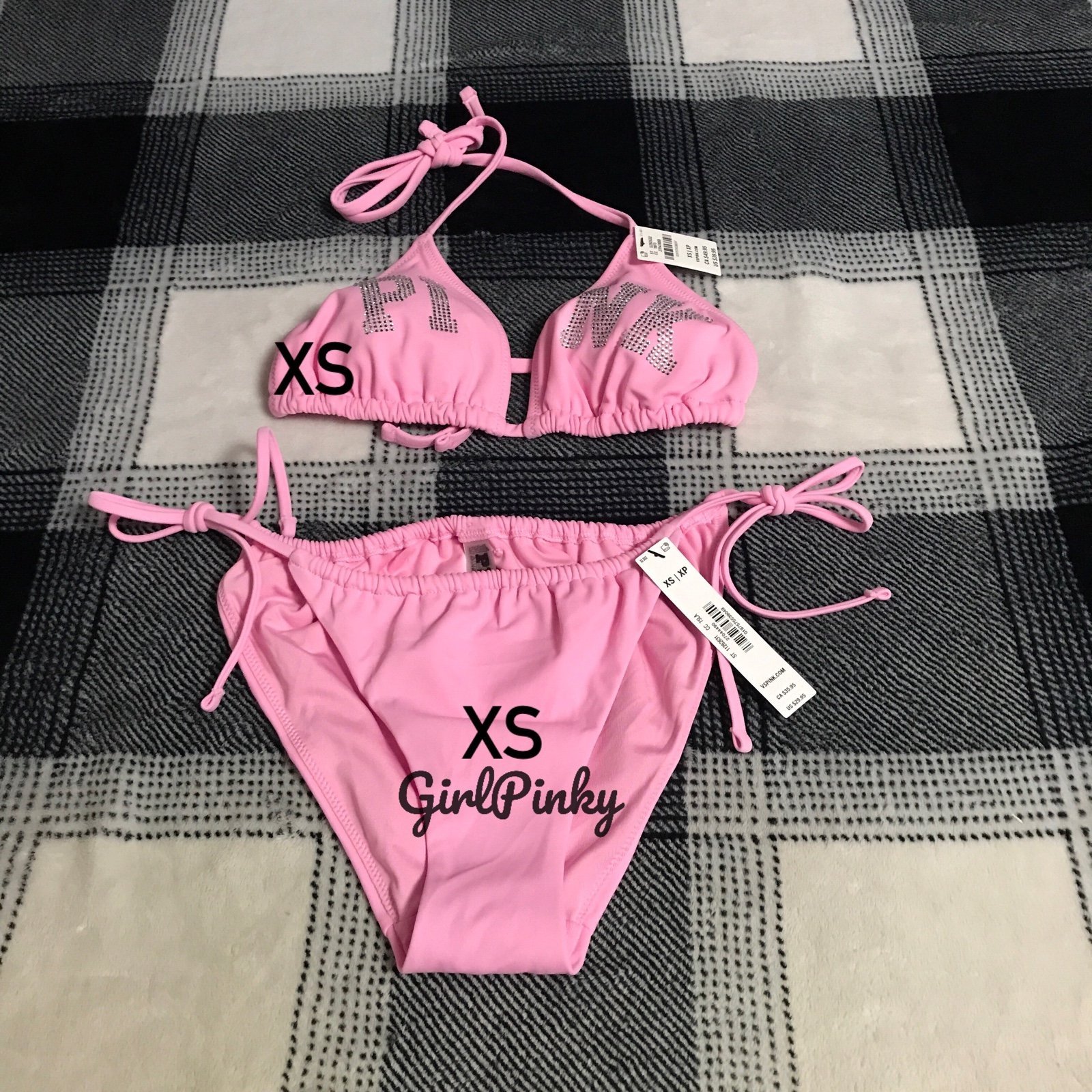 VS PINK 2 PIECE STRING BIKINI SWIMSUIT PINK LOLLIPOP BLING LIMITED EDITION IN XS
