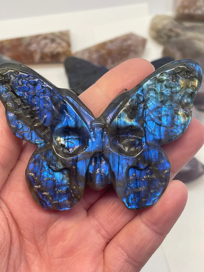 Green Blue Rainbow Flash Labradorite Crystal SKULL BUTTERFLY Hand Carved Mineral