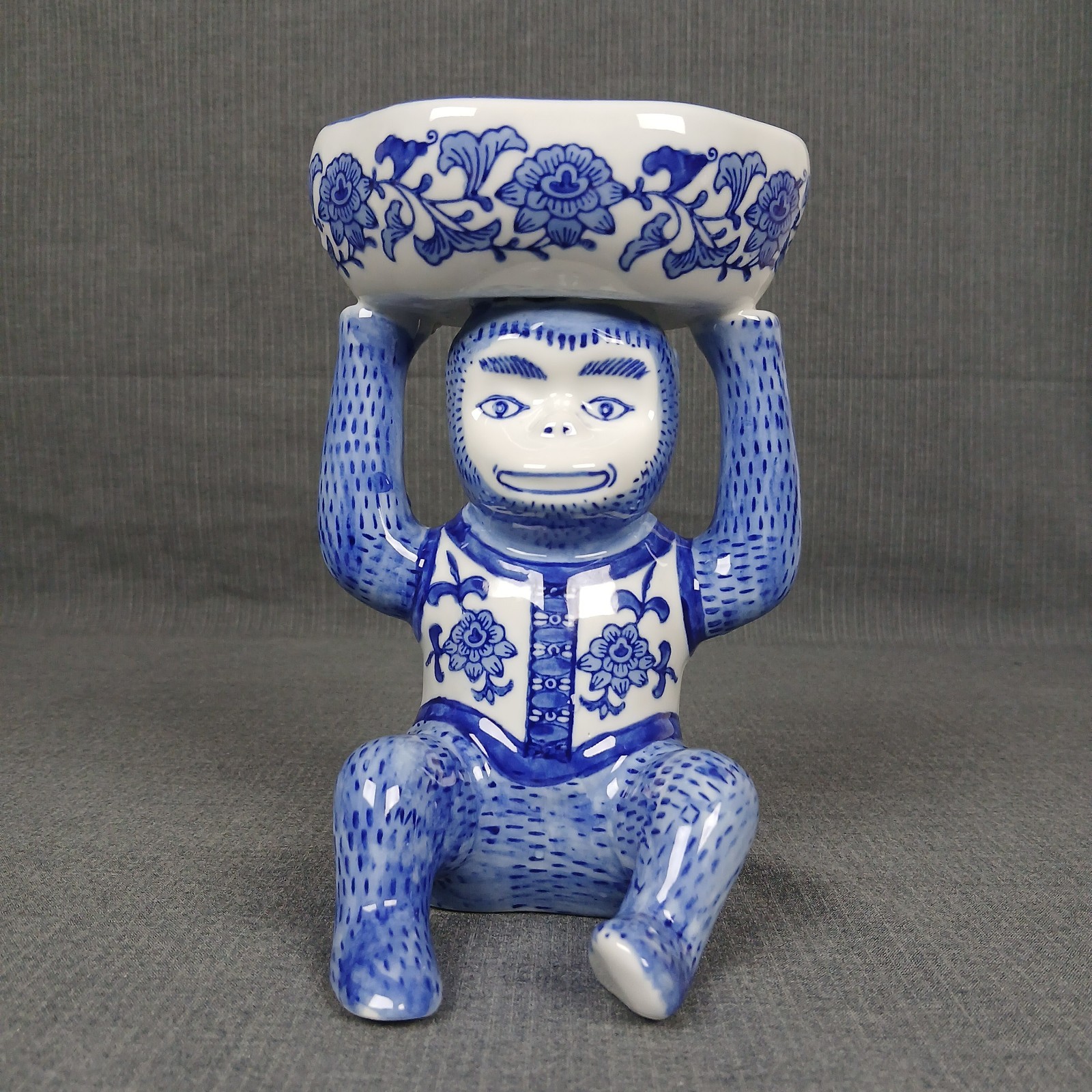 Blue and White Chinese Porcelain Monkey Holding Bowl Chinoiserie