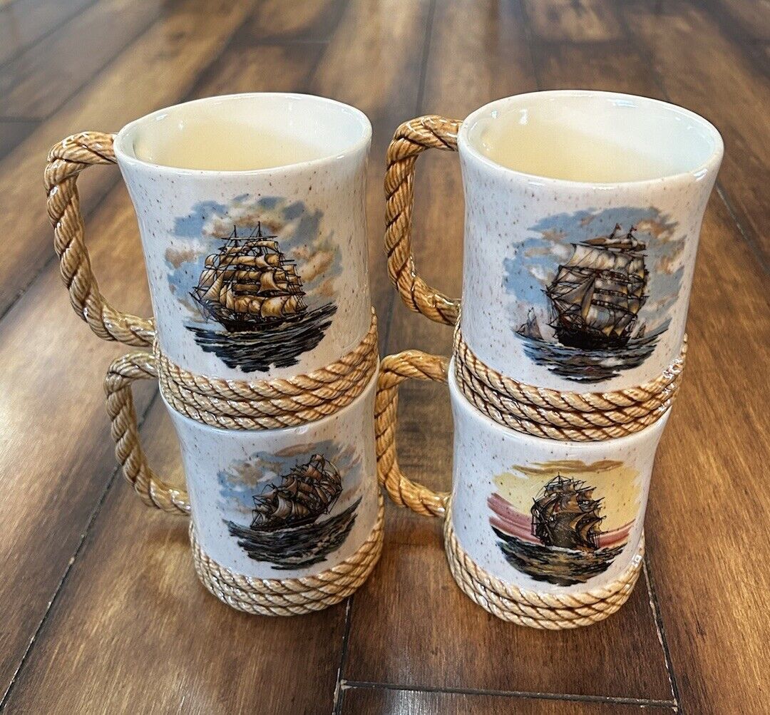 Vintage Nautical Mugs Sailing Ships Boats w/ Rope Handle Set Of 4