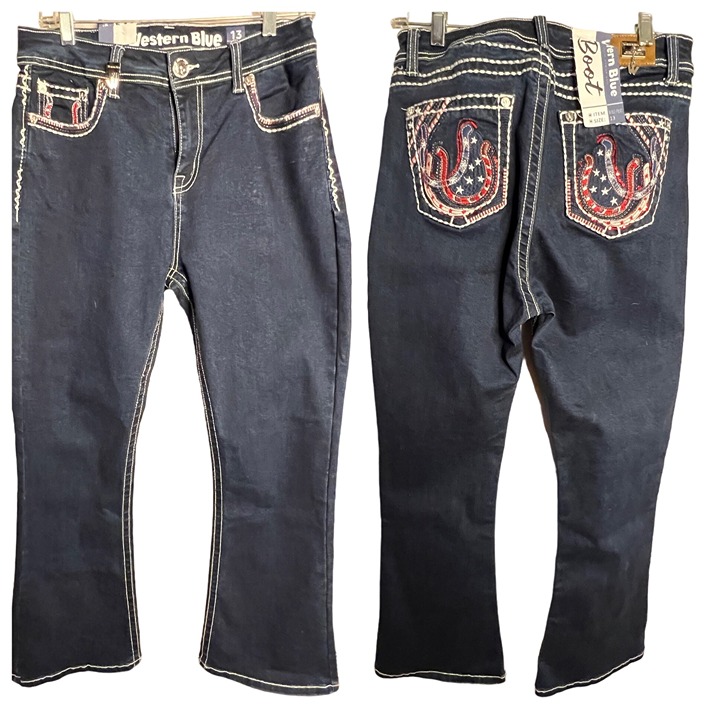 NWT Western Blue Jeans Size 13 Boot Cut Dark Wash Horse Shoe Design