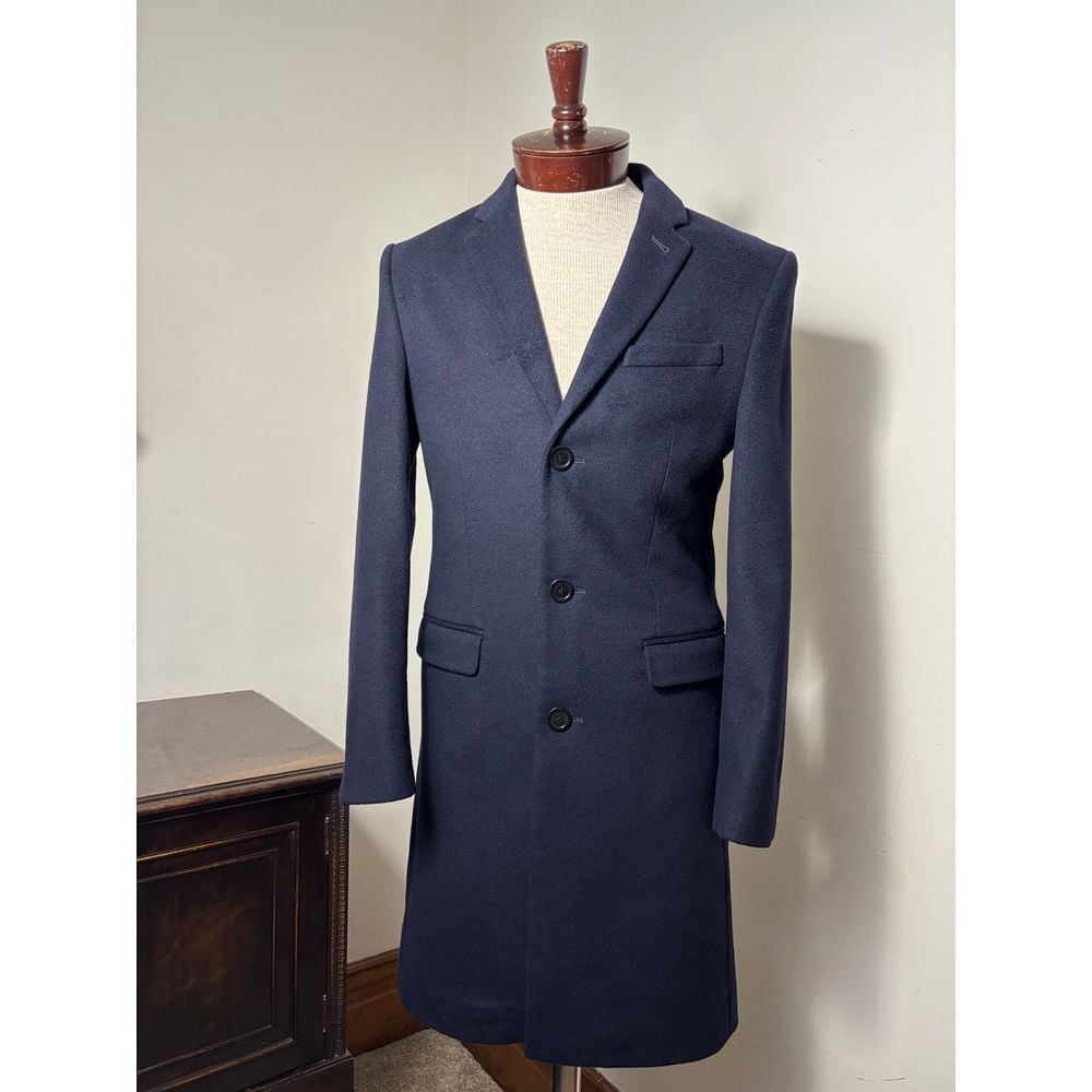 Designer Navy Blue Wool Long Coat Classic Overcoat 34R Formal Business NWOT