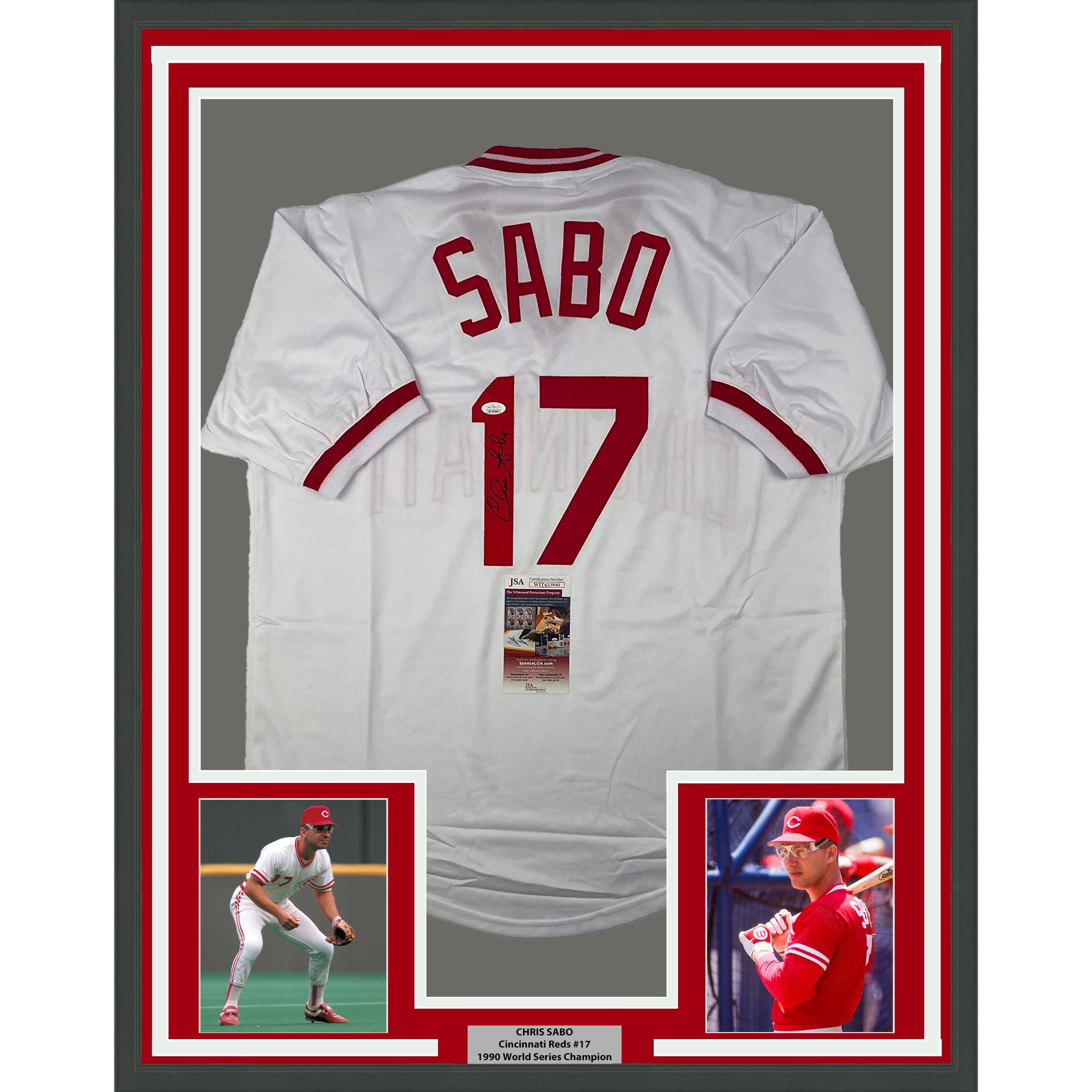 Framed Autographed/Signed Chris Sabo 35x39 Cincinnati White Jersey JSA COA