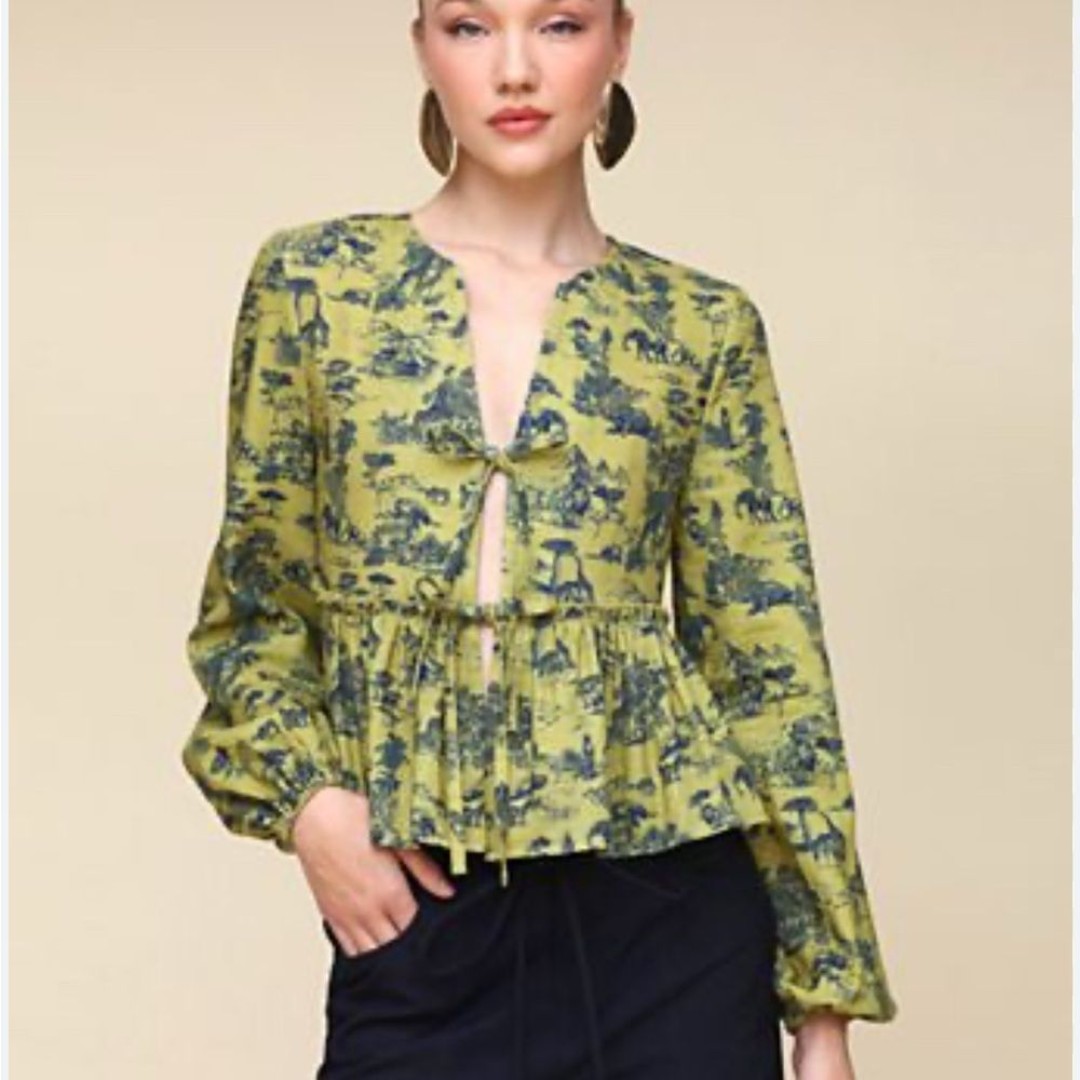 Anthropologie Avec Les Filles Yellow Blue Linen Tie-Front Blouse Safari Medium