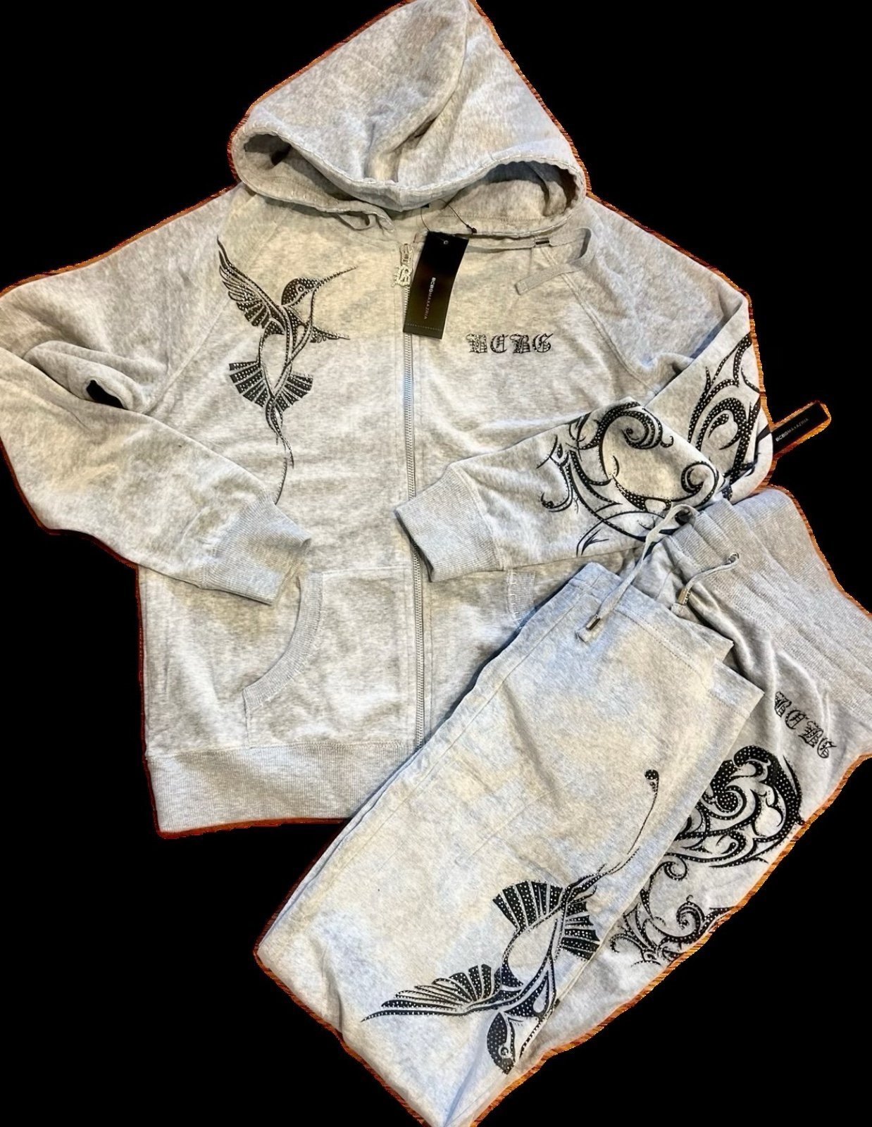 BCBG NWTMAXAZRIA TRACKSUIT GREY VELVET VELOUR GRUNGE STYLE WITH RHINE STONE L\XL