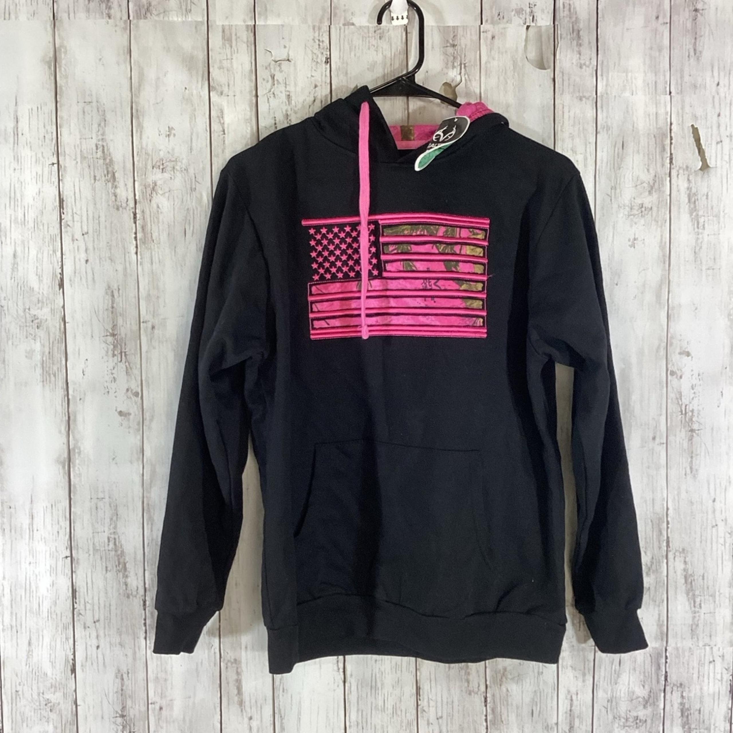 Mossy Oak Womens Hoodie Size small Black US Flag Kangaroo Pocket Long Sleeve