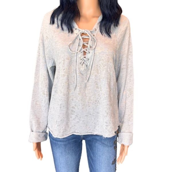 NWOT Anthropologie Maronie Light Gray Lace Up Boho Hoodie Top Size Large